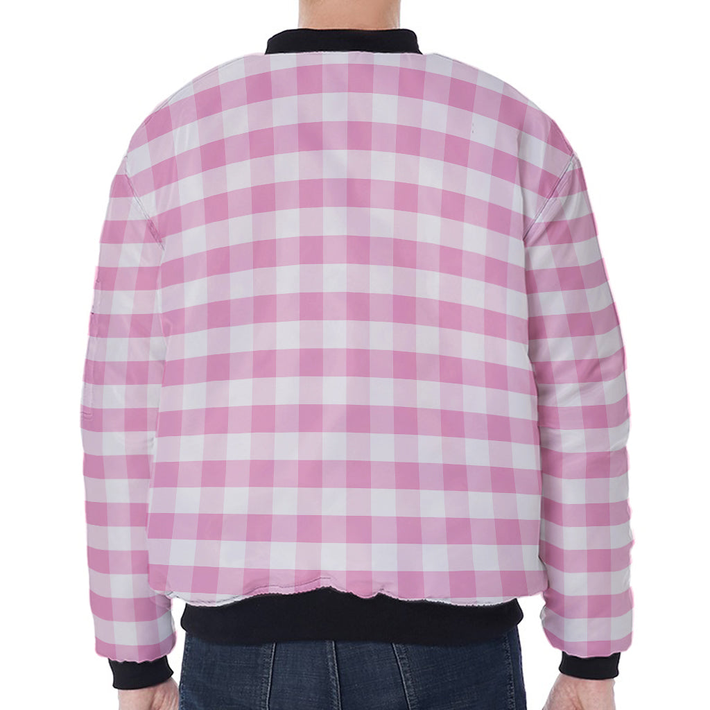 Pink And White Gingham Pattern Print Zip Sleeve Bomber Jacket
