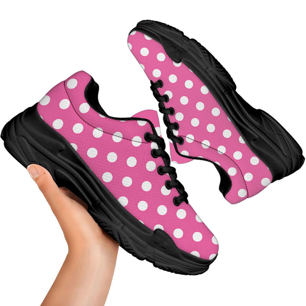 Pink And White Polka Dot Pattern Print Black Chunky Shoes