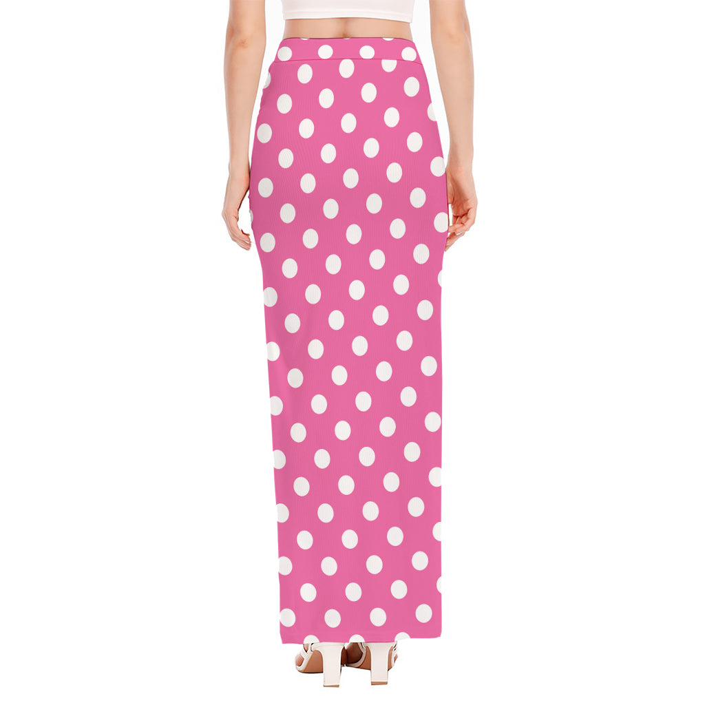 Pink And White Polka Dot Pattern Print High Slit Maxi Skirt