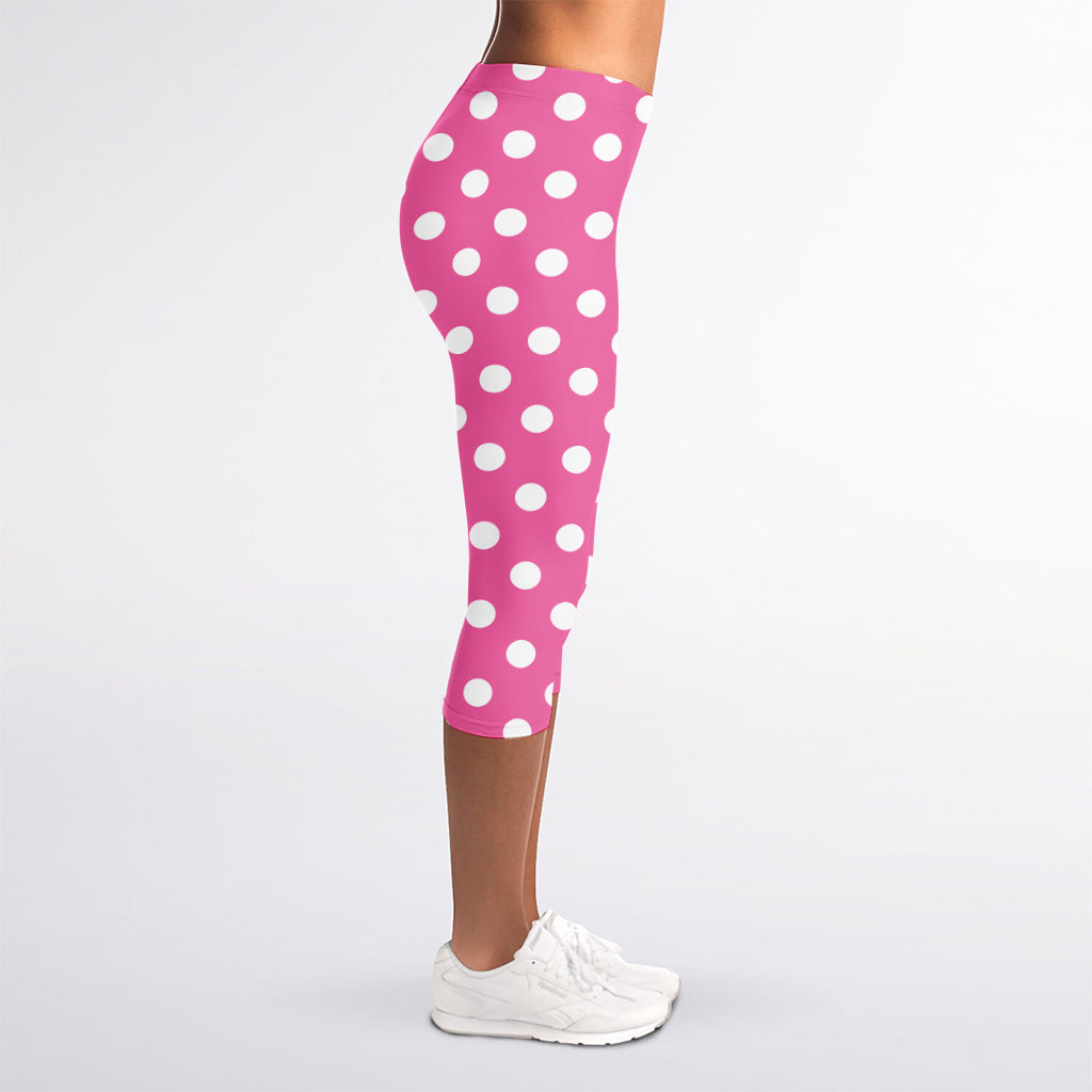 Pink And White Polka Dot Pattern Print Women's Capri Leggings