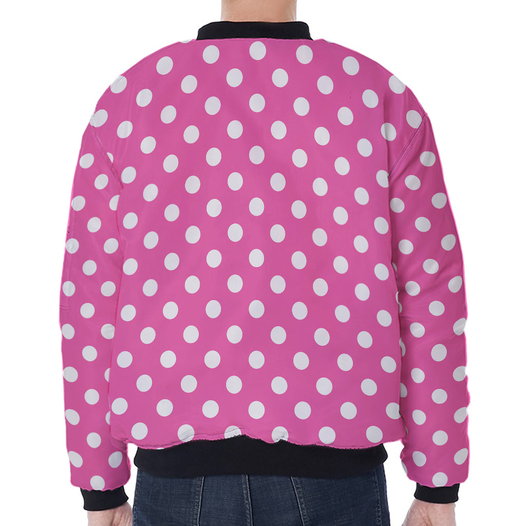 Pink And White Polka Dot Pattern Print Zip Sleeve Bomber Jacket