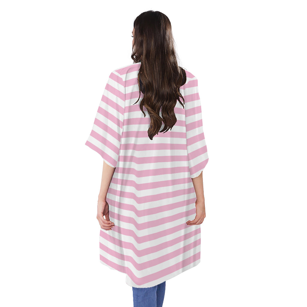 Pink And White Striped Pattern Print Open Front Beach Cover Up