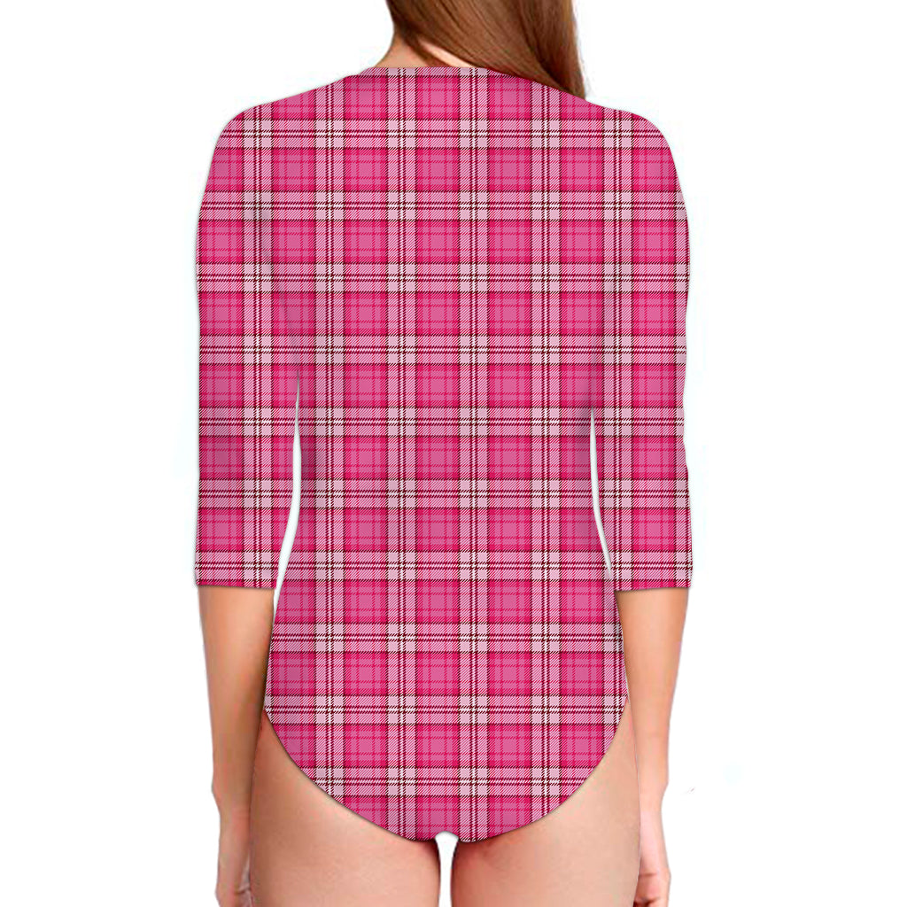 Pink And White Tartan Pattern Print Long Sleeve Swimsuit