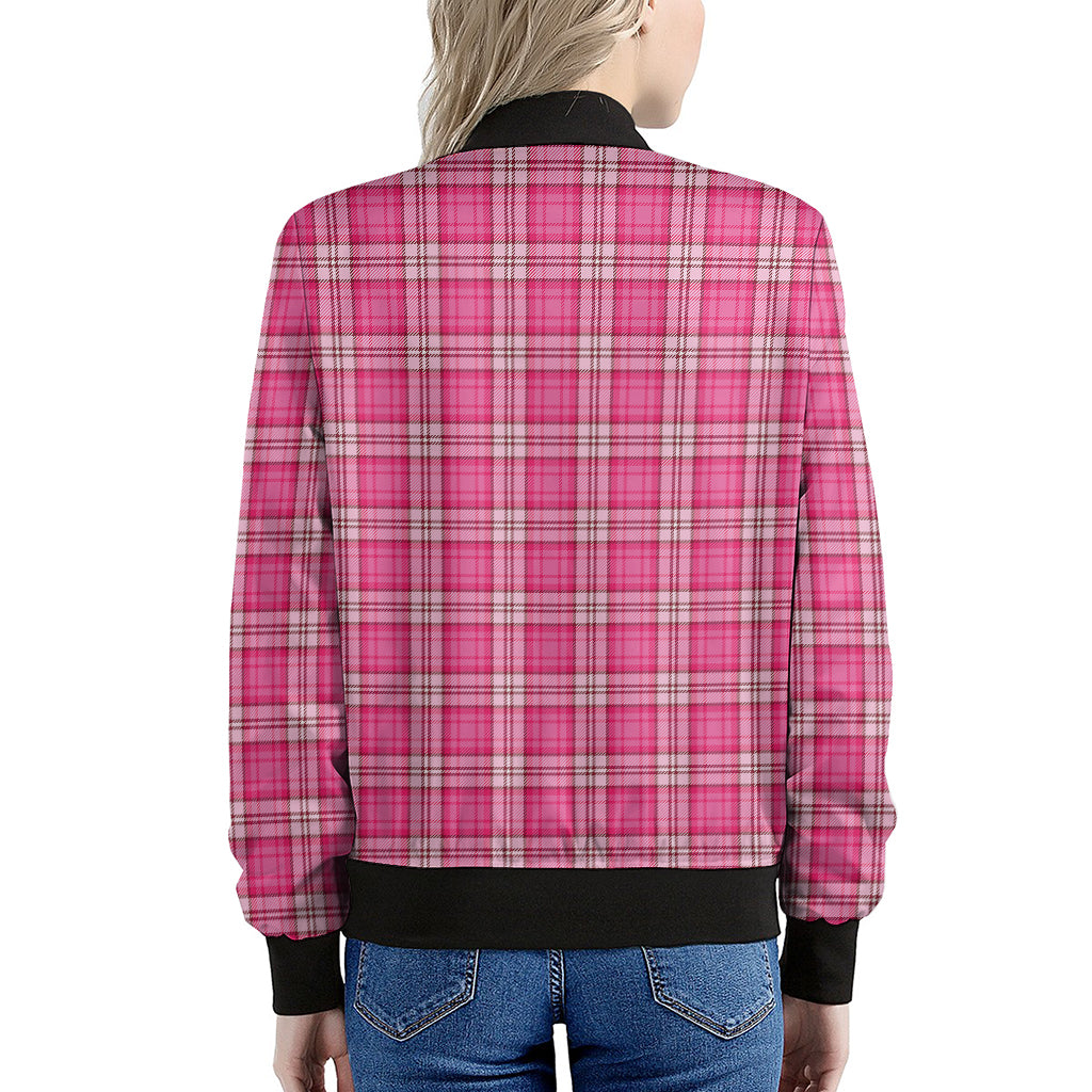 Pink And White Tartan Pattern Print Women's Bomber Jacket