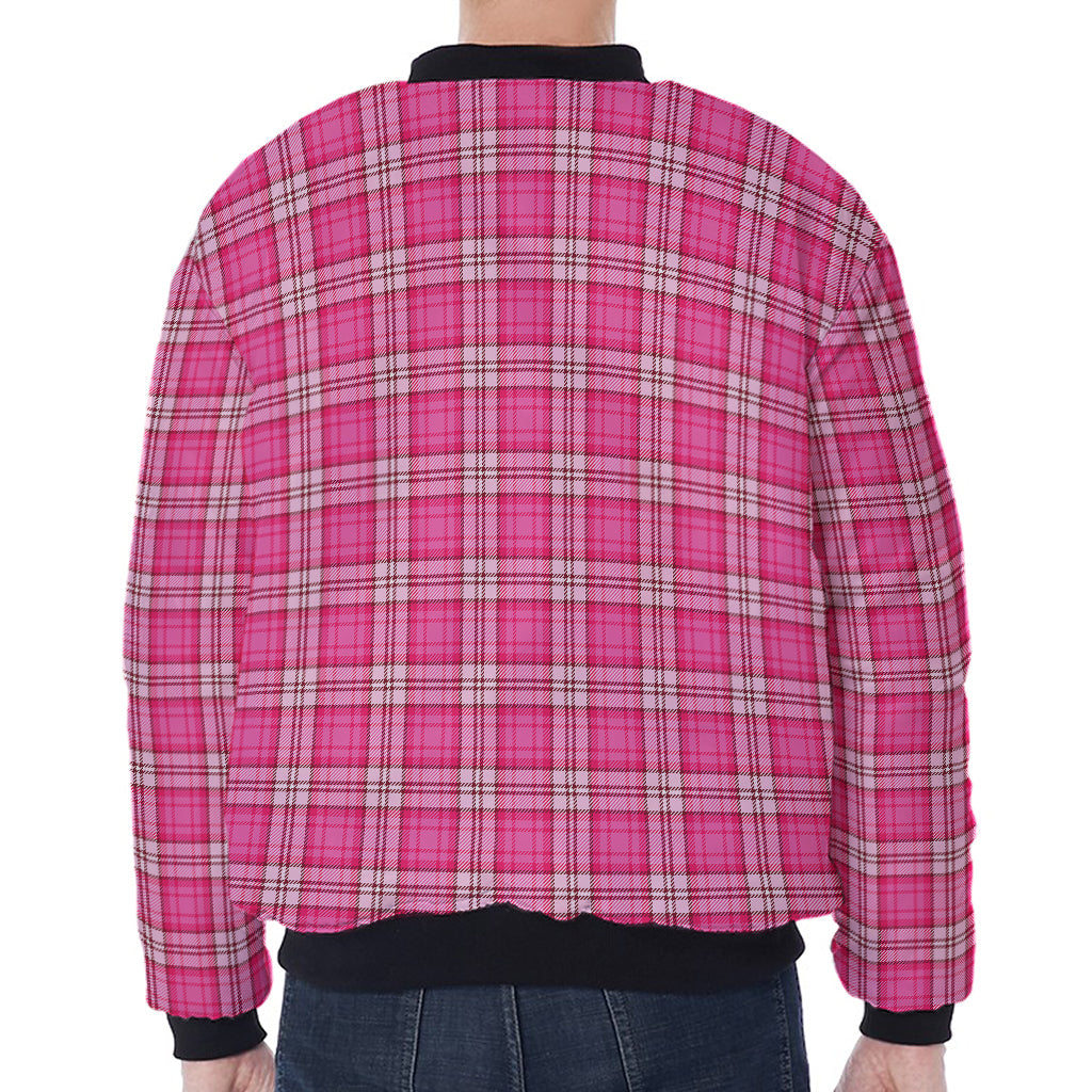 Pink And White Tartan Pattern Print Zip Sleeve Bomber Jacket