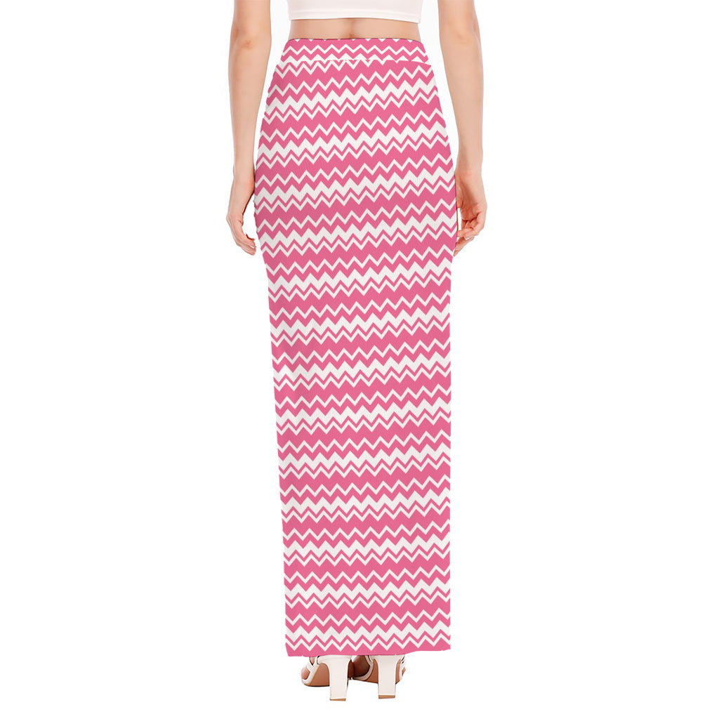 Pink And White Zigzag Pattern Print High Slit Maxi Skirt
