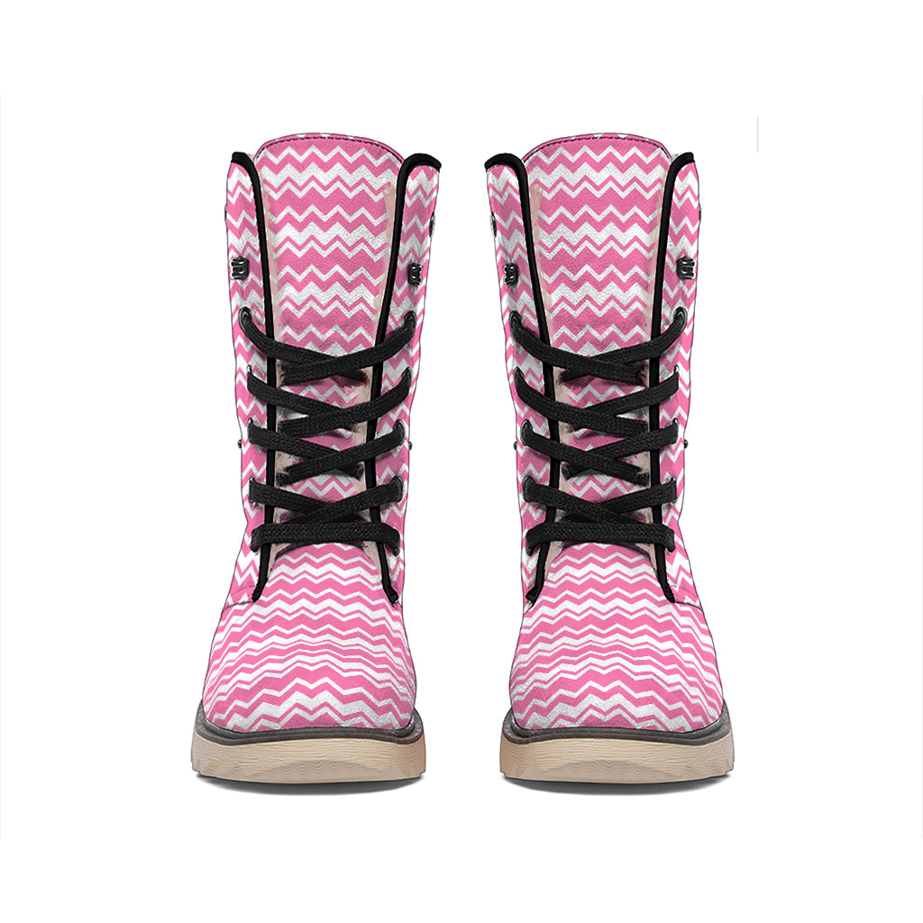 Pink And White Zigzag Pattern Print Winter Boots