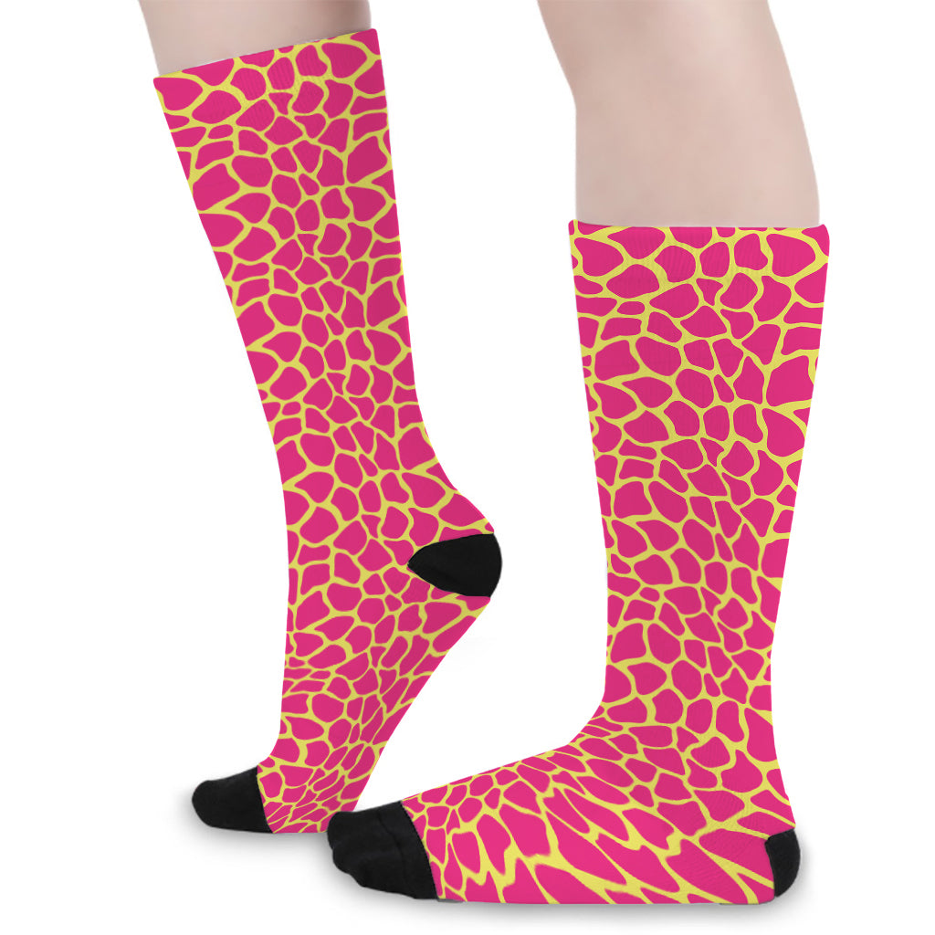Pink And Yellow Giraffe Pattern Print Long Socks