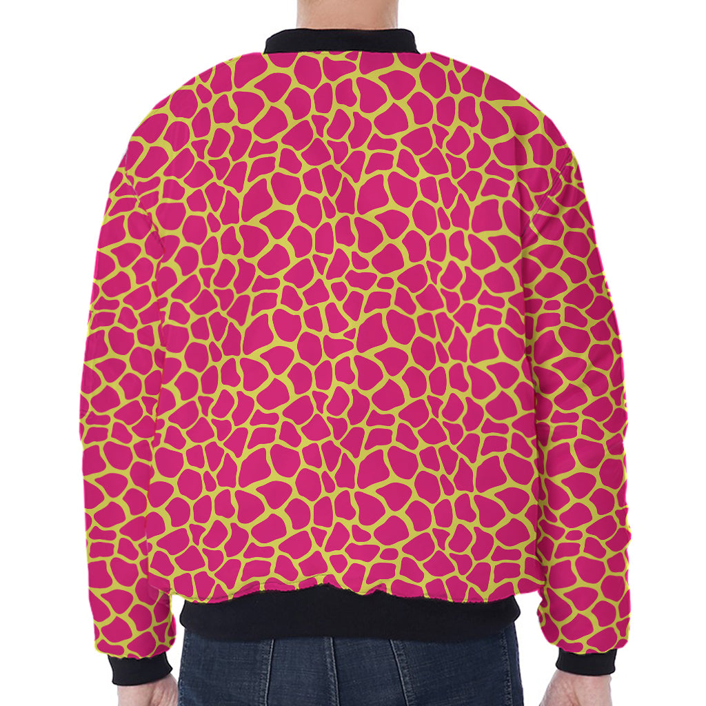 Pink And Yellow Giraffe Pattern Print Zip Sleeve Bomber Jacket
