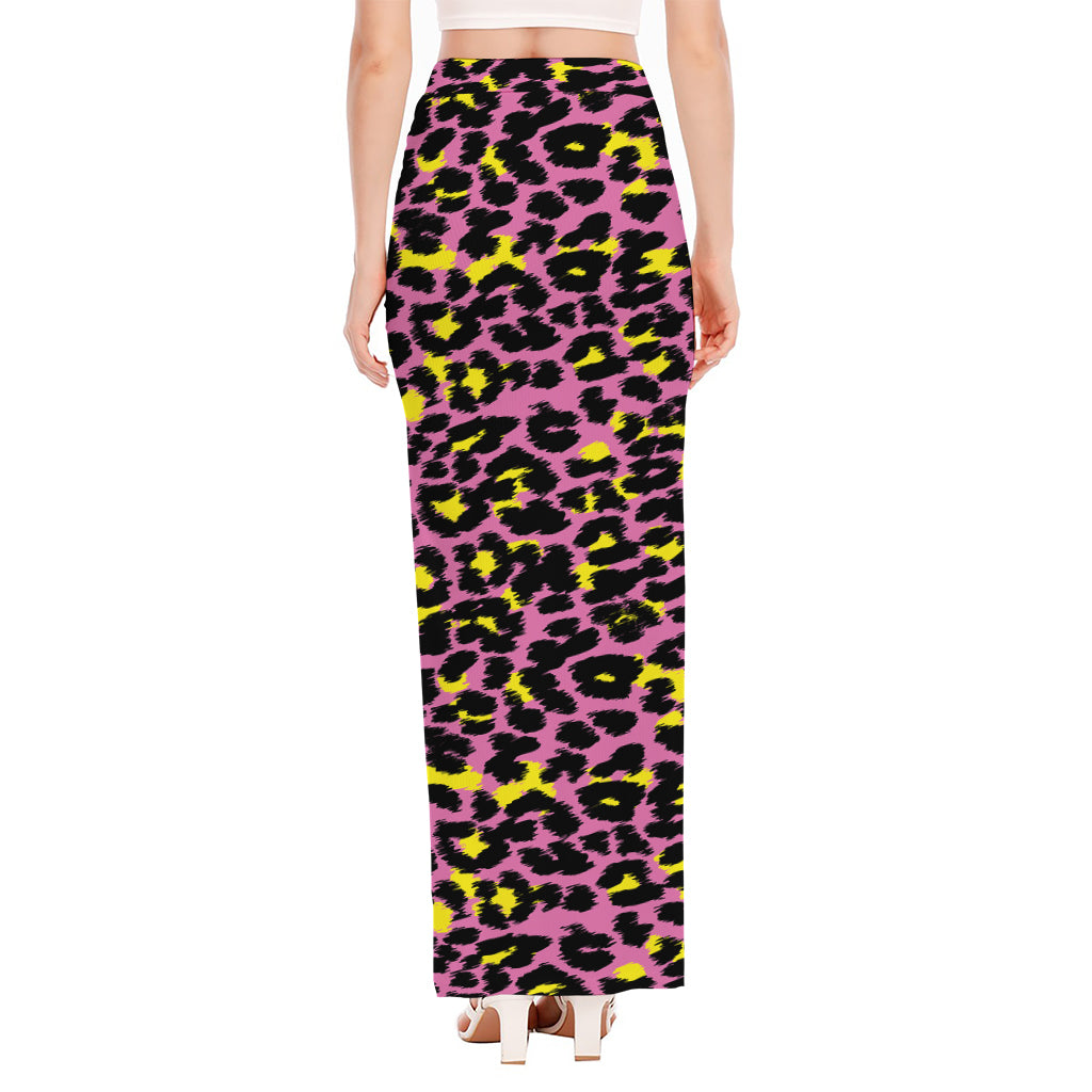 Pink And Yellow Leopard Print High Slit Maxi Skirt
