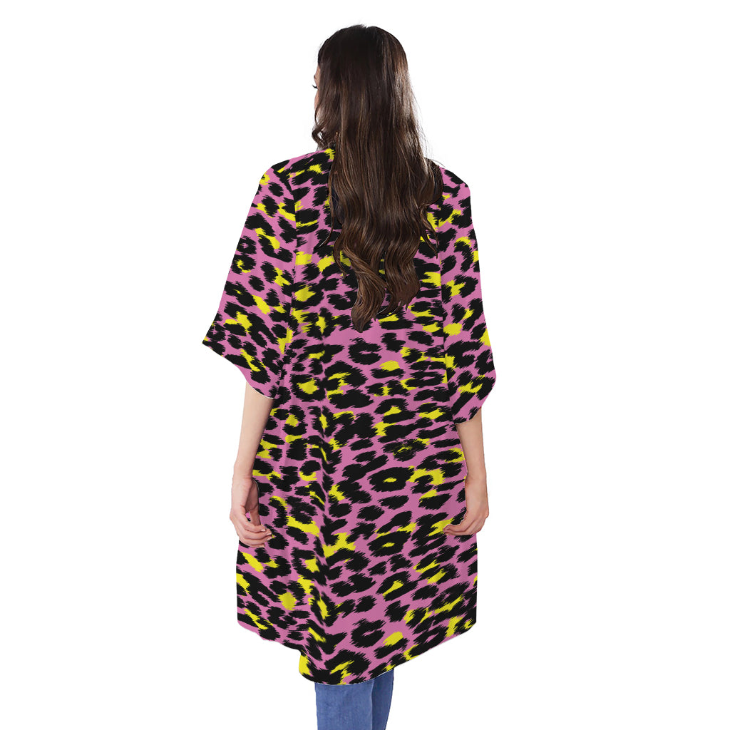 Pink And Yellow Leopard Print Open Front Beach Cover Up