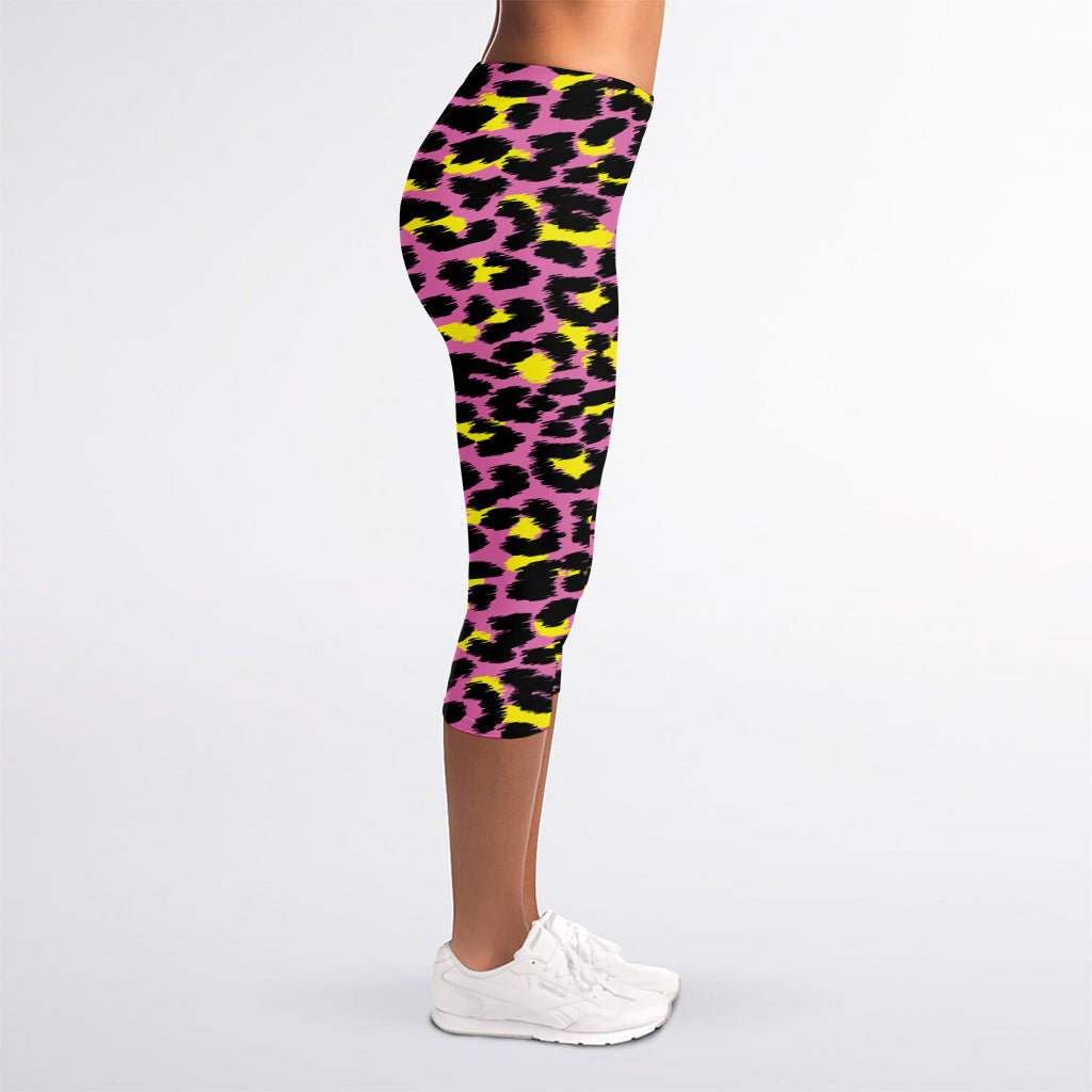 Pink And Yellow Leopard Print Women's Capri Leggings
