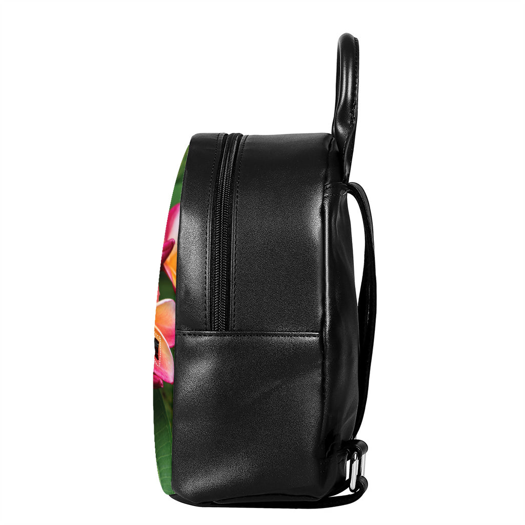 Pink And Yellow Plumeria Flower Print Leather Backpack