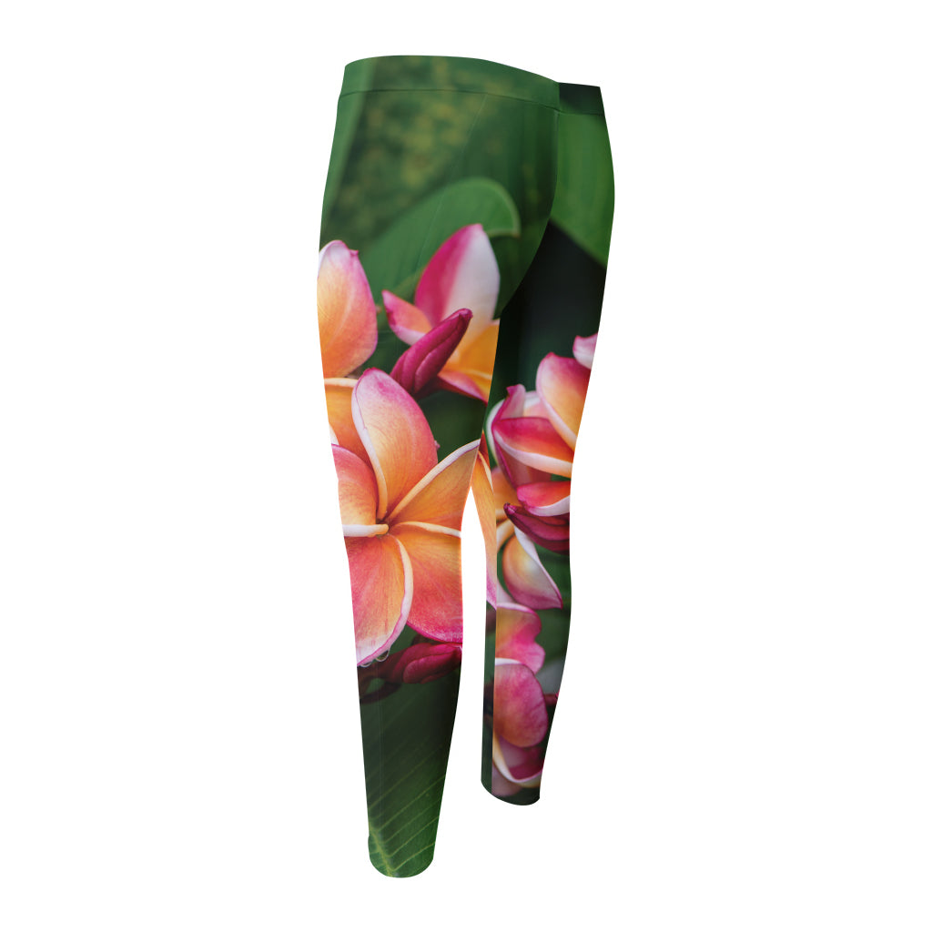 Pink And Yellow Plumeria Flower Print Men's Compression Pants