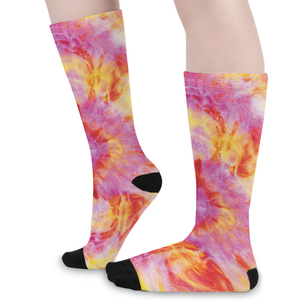 Pink And Yellow Tie Dye Print Long Socks