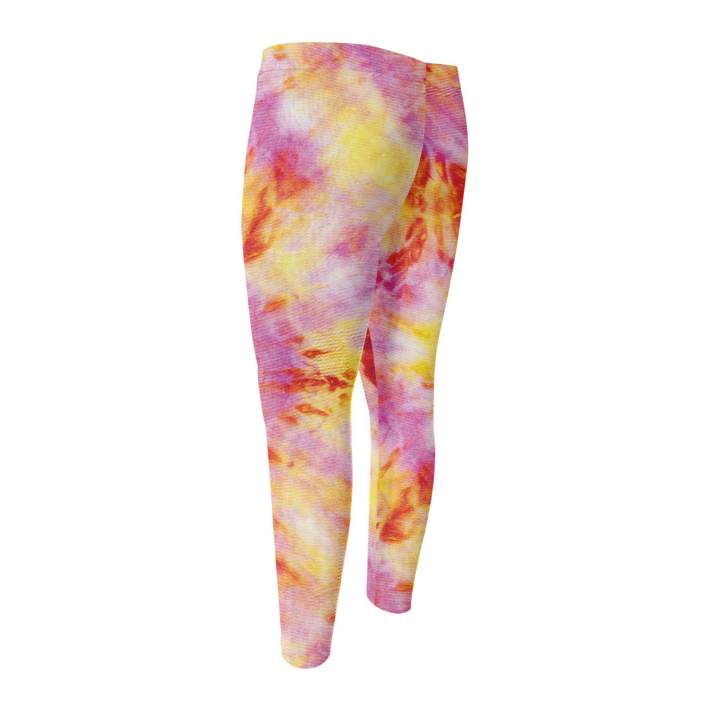 Pink And Yellow Tie Dye Print Men's Compression Pants