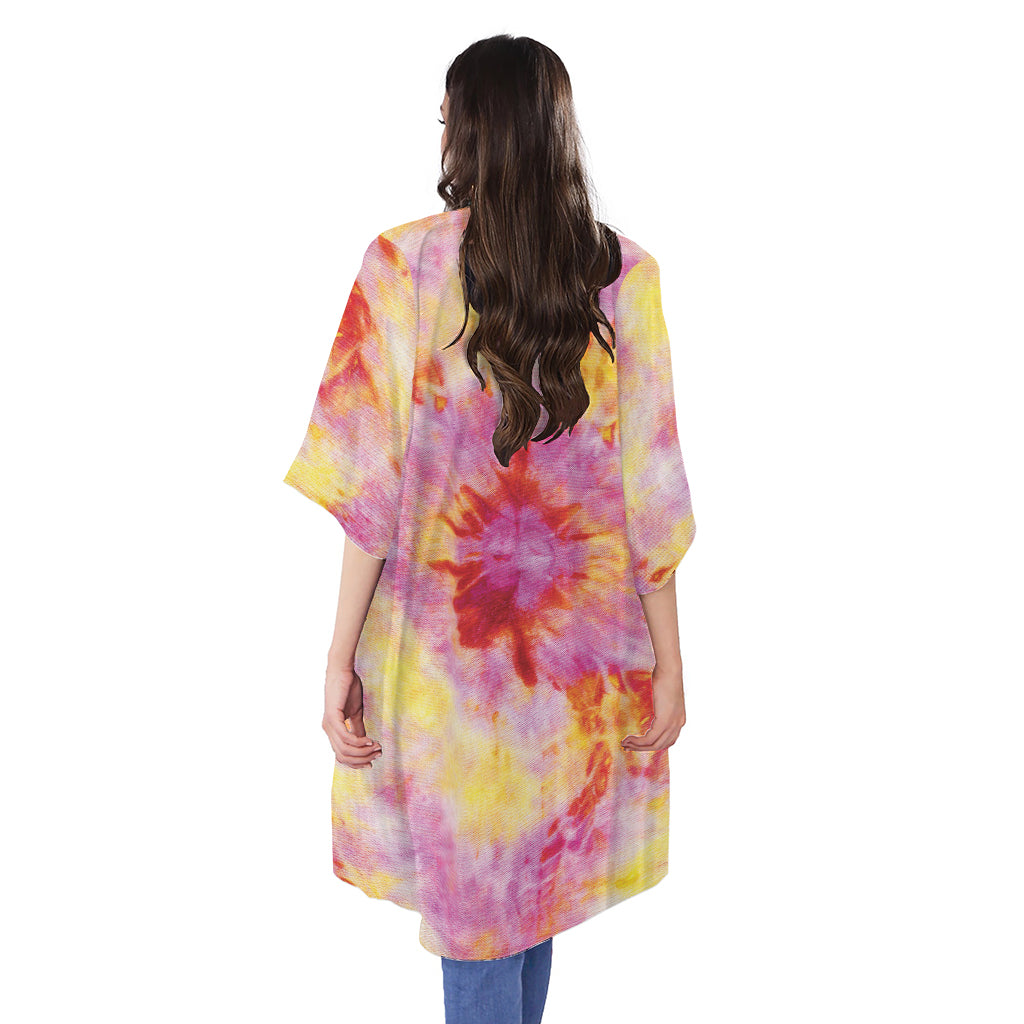 Pink And Yellow Tie Dye Print Open Front Beach Cover Up