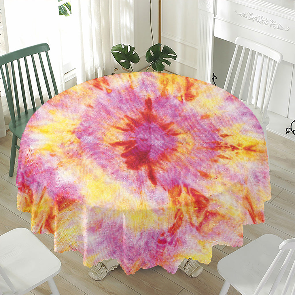 Pink And Yellow Tie Dye Print Waterproof Round Tablecloth