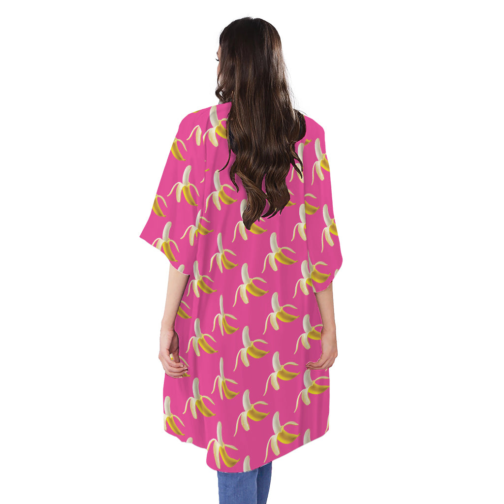 Pink Banana Pattern Print Open Front Beach Cover Up