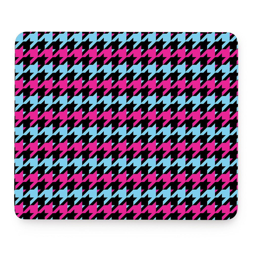Pink Blue And Black Houndstooth Print Mouse Pad
