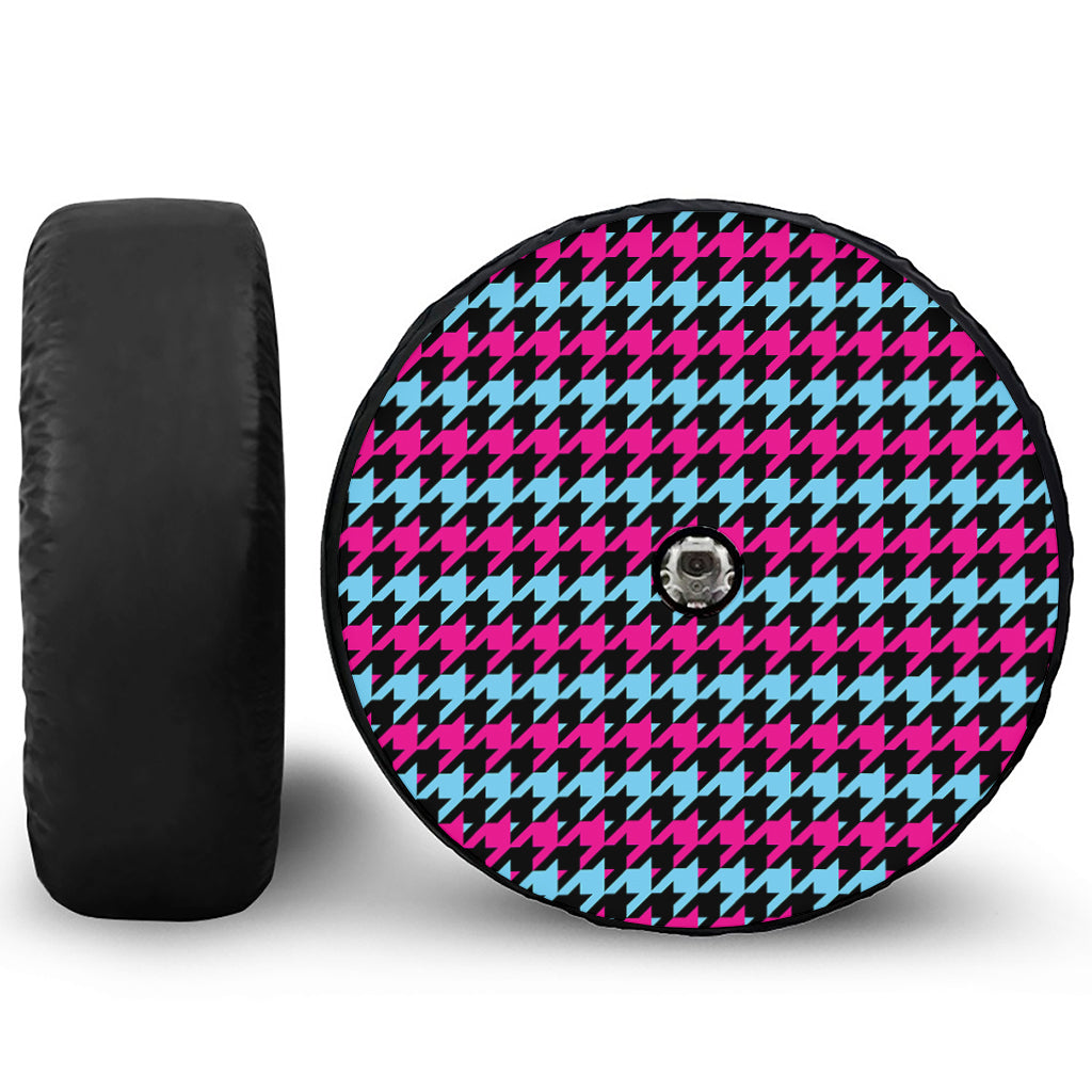 Pink Blue And Black Houndstooth Print Tire Cover With Camera Hole