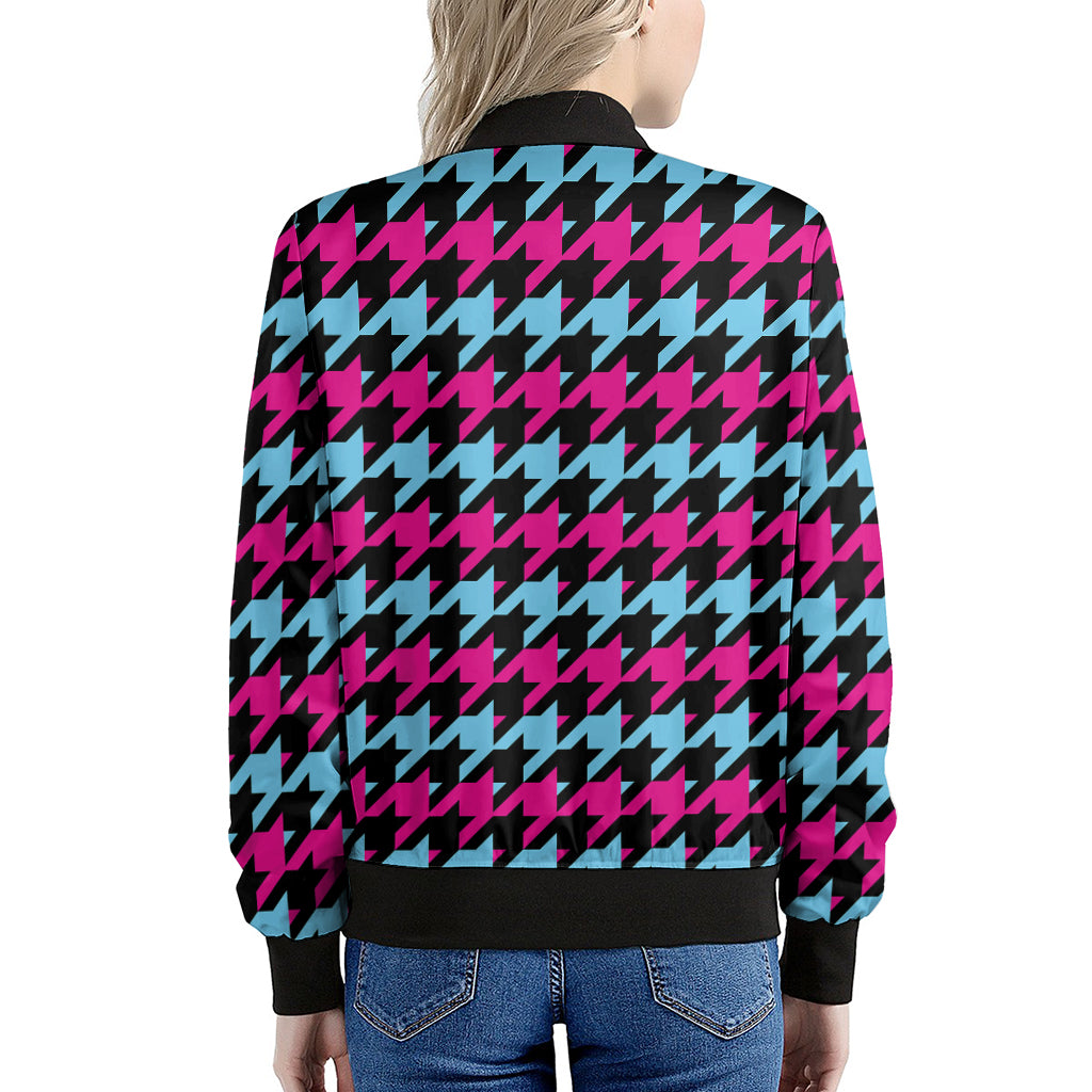 Pink Blue And Black Houndstooth Print Women's Bomber Jacket