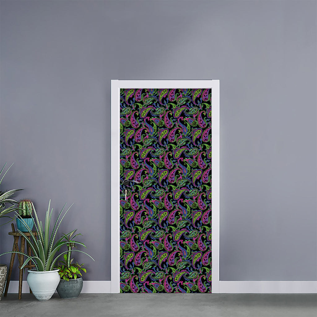 Pink Blue And Green Paisley Print Door Sticker