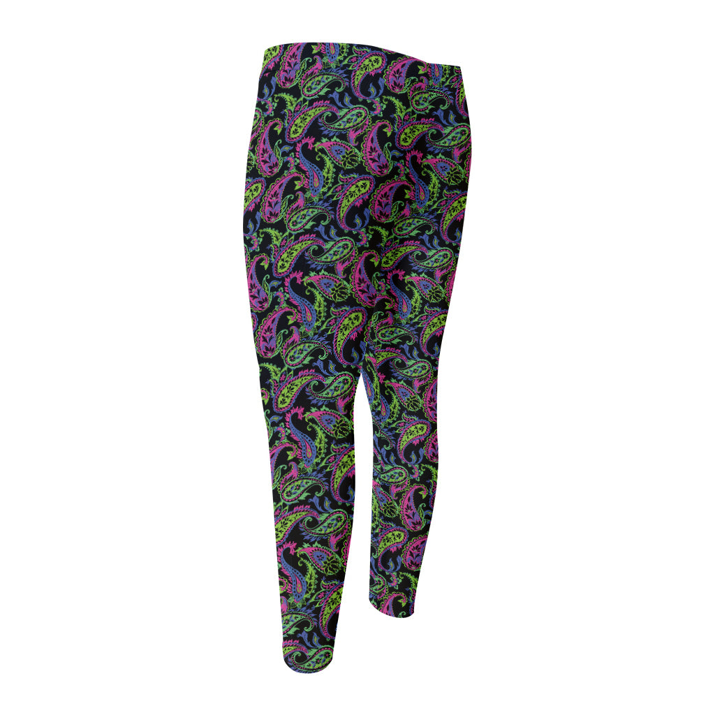 Pink Blue And Green Paisley Print Men's Compression Pants