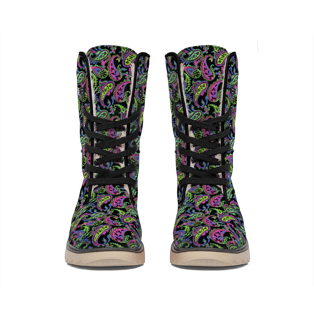 Pink Blue And Green Paisley Print Winter Boots