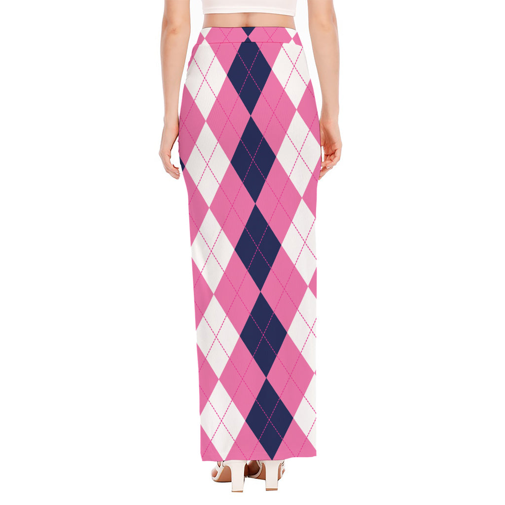Pink Blue And White Argyle Pattern Print High Slit Maxi Skirt