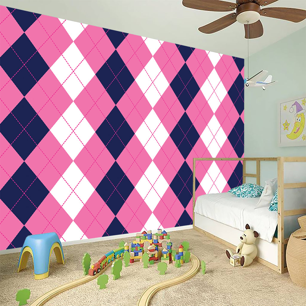 Pink Blue And White Argyle Pattern Print Wall Sticker
