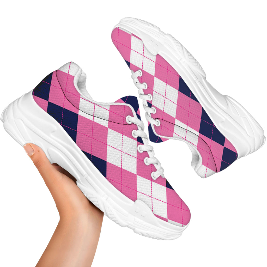 Pink Blue And White Argyle Pattern Print White Chunky Shoes