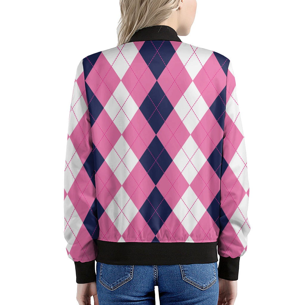 Pink Blue And White Argyle Pattern Print Women's Bomber Jacket
