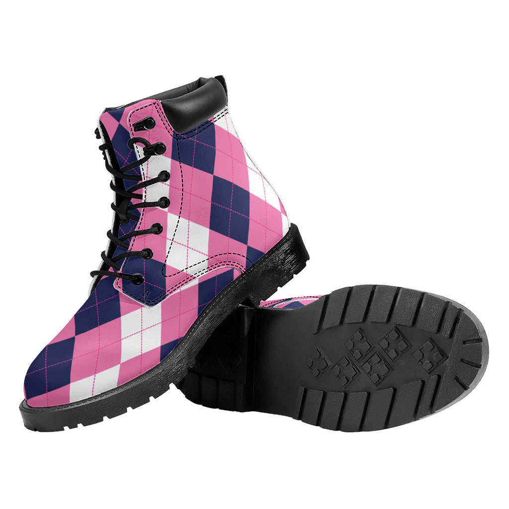 Pink Blue And White Argyle Pattern Print Work Boots