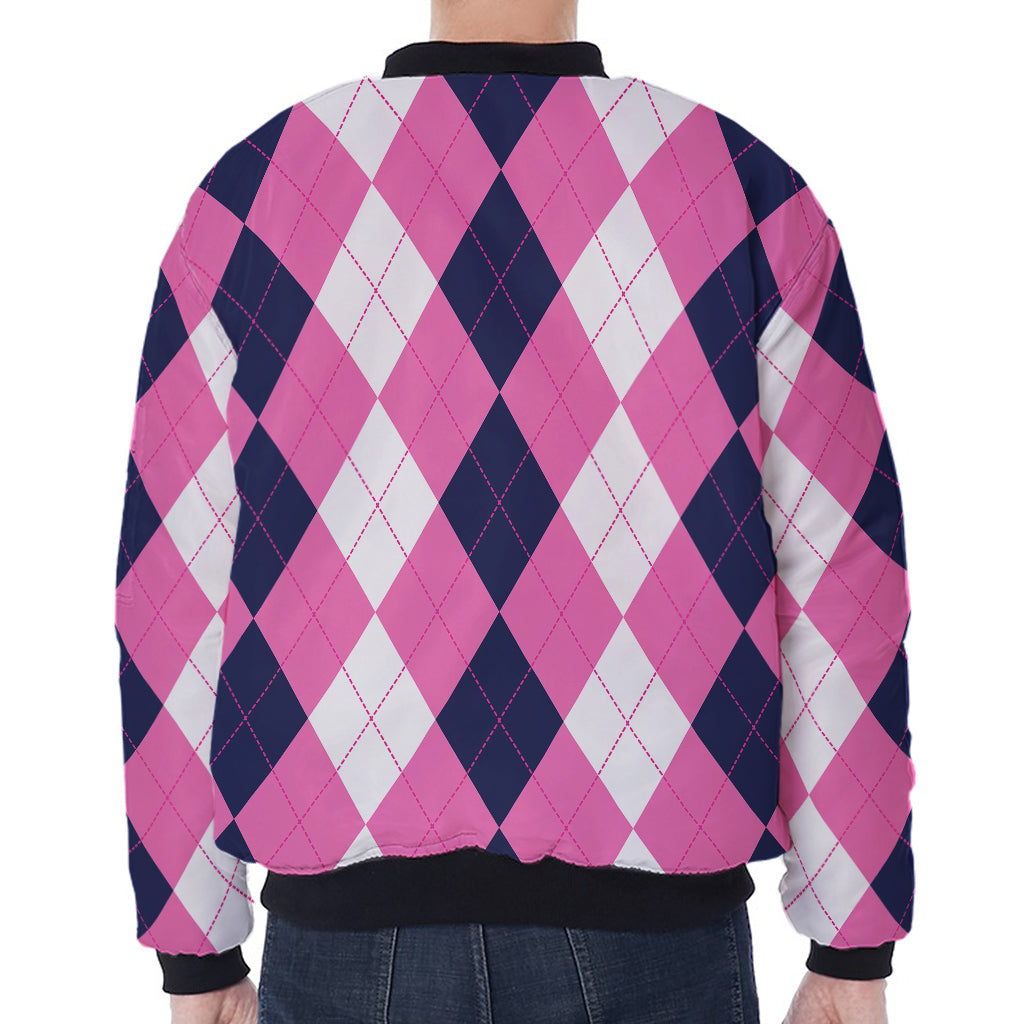 Pink Blue And White Argyle Pattern Print Zip Sleeve Bomber Jacket