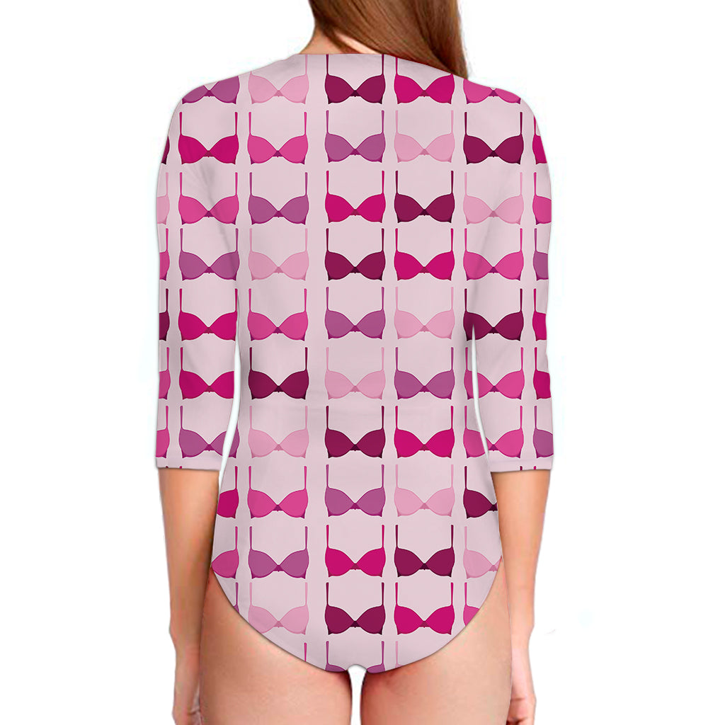 Pink Bra Breast Cancer Pattern Print Long Sleeve Swimsuit
