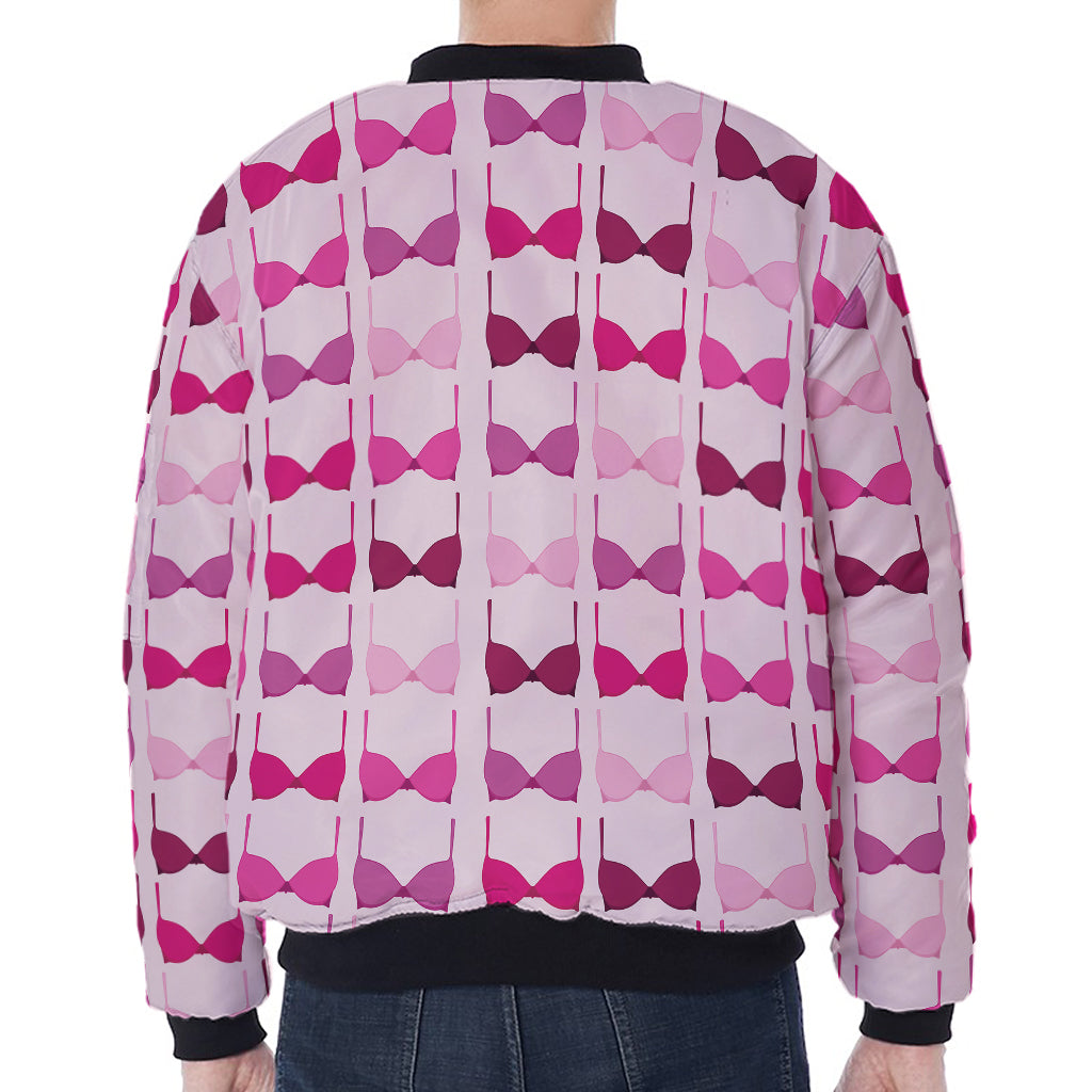 Pink Bra Breast Cancer Pattern Print Zip Sleeve Bomber Jacket