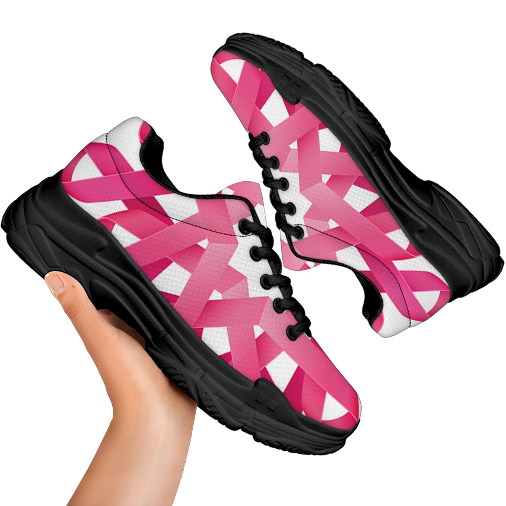 Pink Breast Cancer Ribbon Flower Print Black Chunky Shoes
