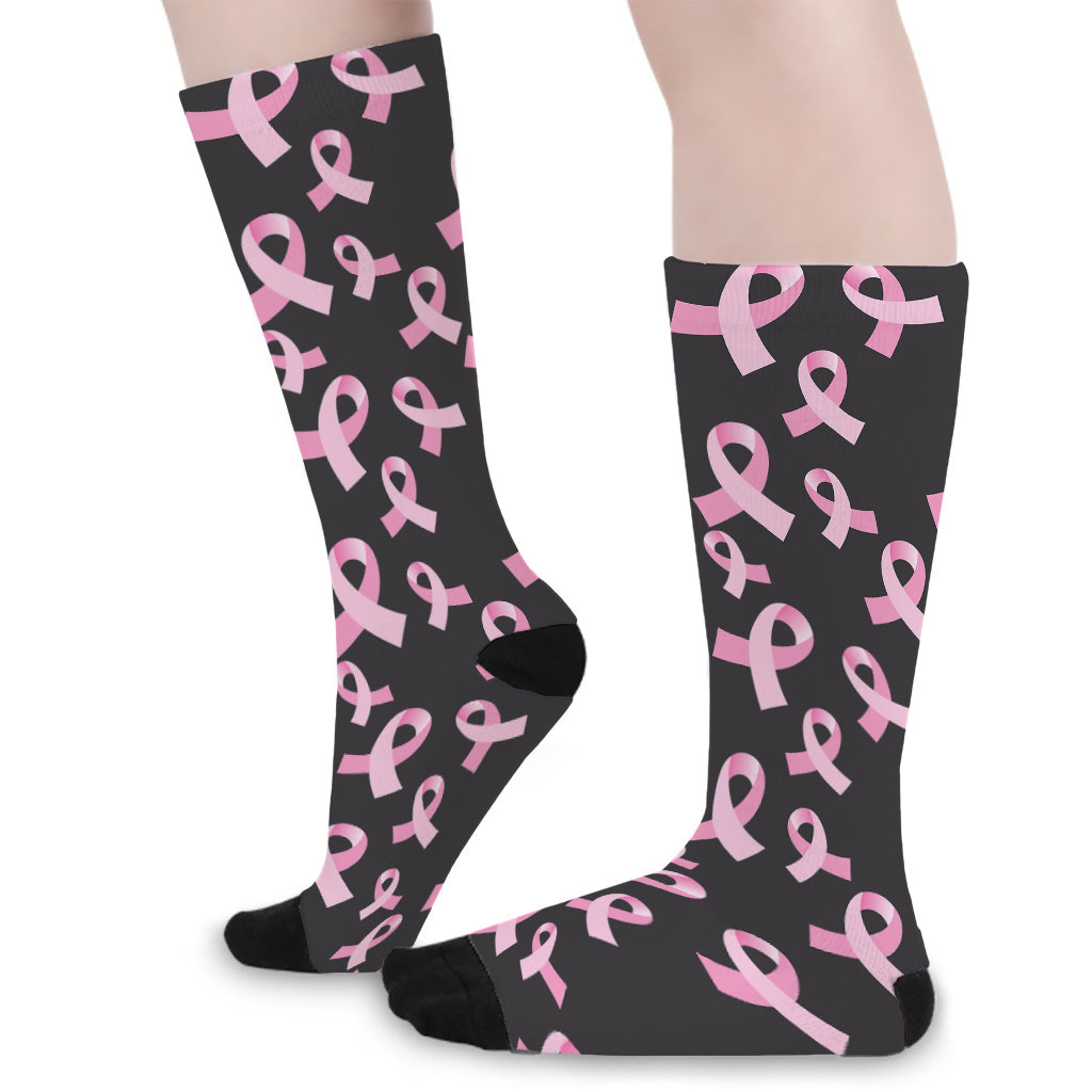 Pink Breast Cancer Ribbon Pattern Print Long Socks