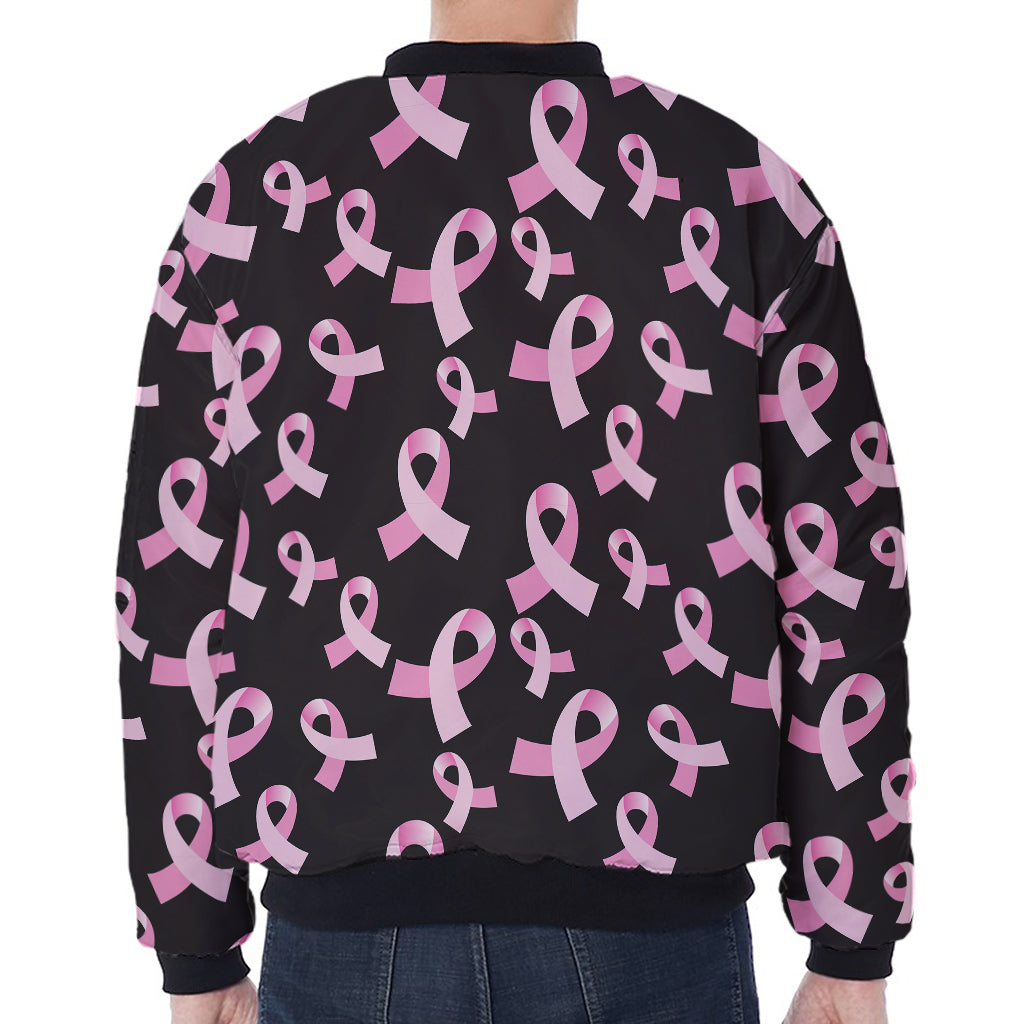 Pink Breast Cancer Ribbon Pattern Print Zip Sleeve Bomber Jacket