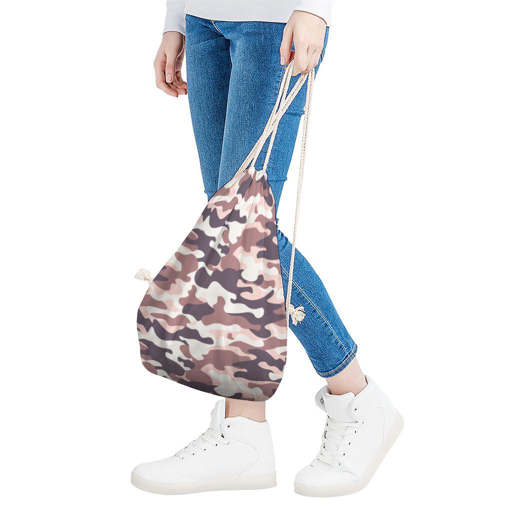 Pink Brown Camouflage Print Drawstring Bag