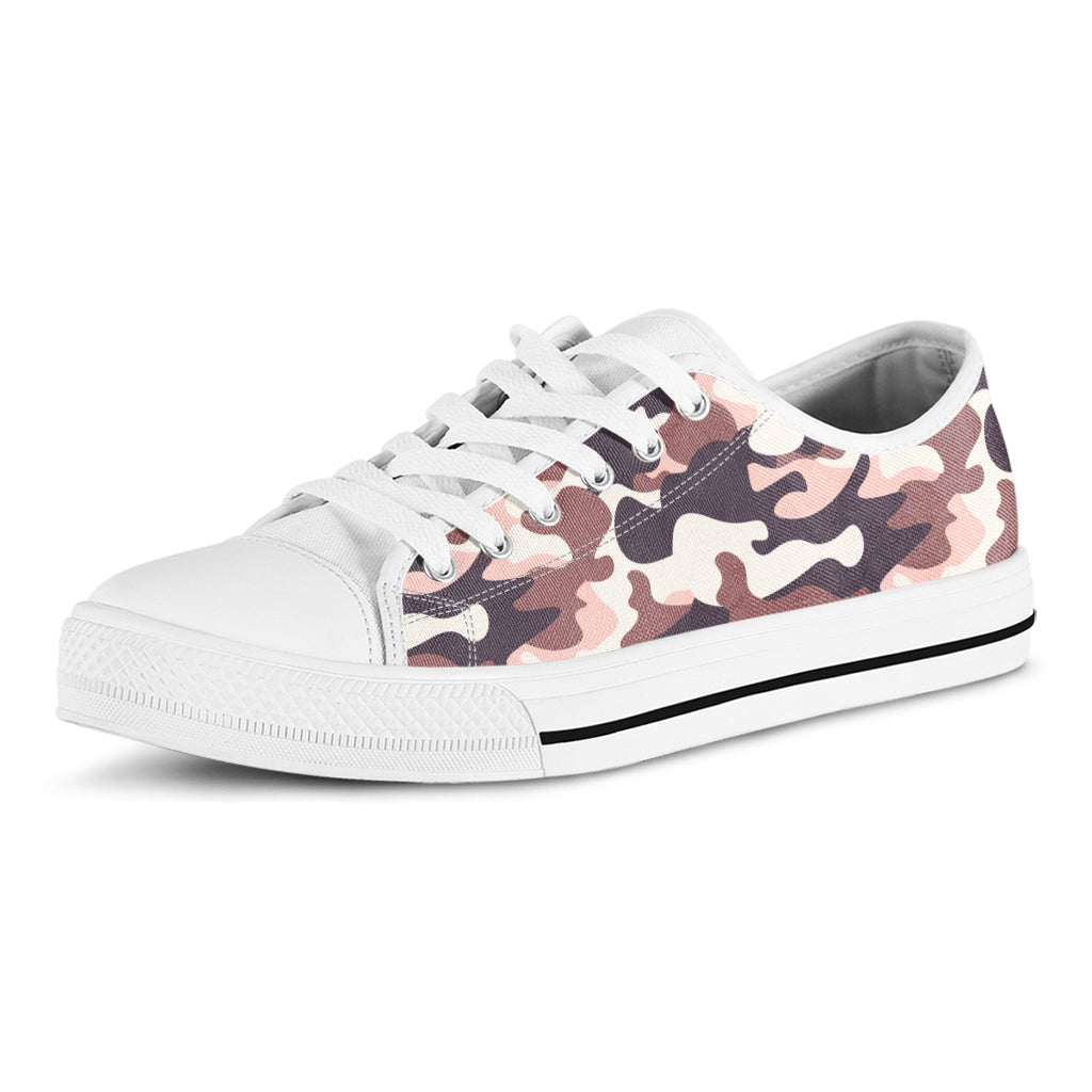 Pink Brown Camouflage Print White Low Top Sneakers