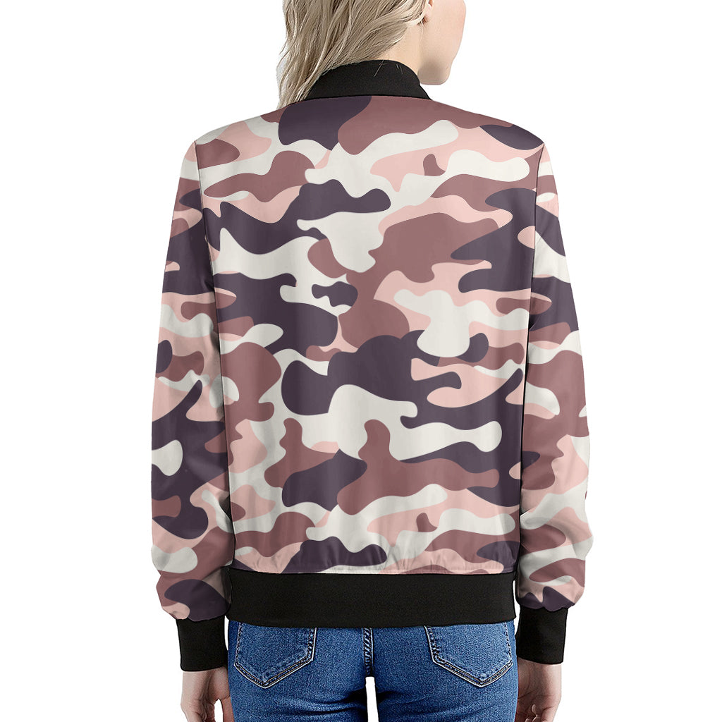 Pink Brown Camouflage Print Women's Bomber Jacket