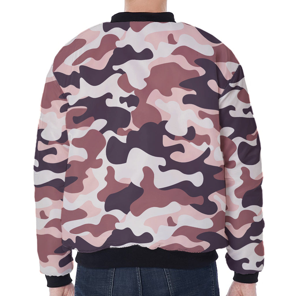 Pink Brown Camouflage Print Zip Sleeve Bomber Jacket
