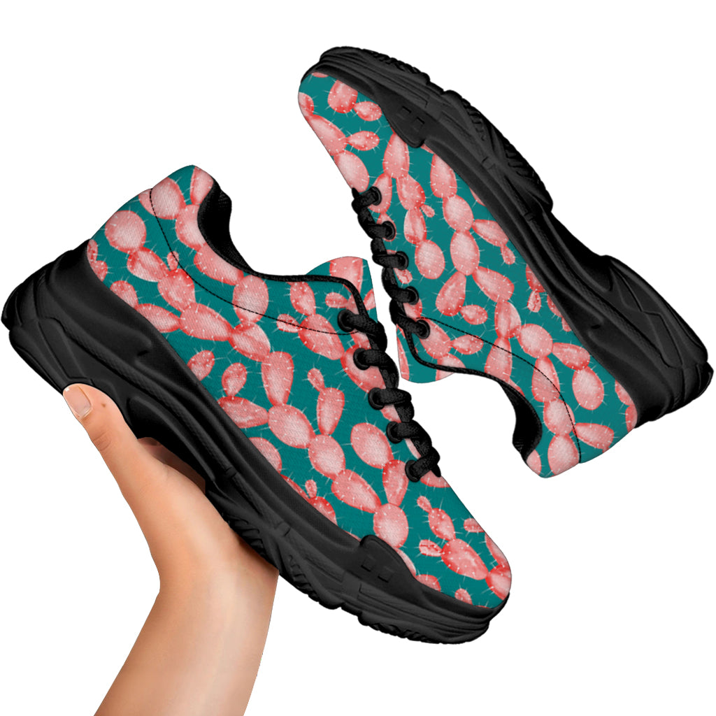 Pink Cactus Pattern Print Black Chunky Shoes