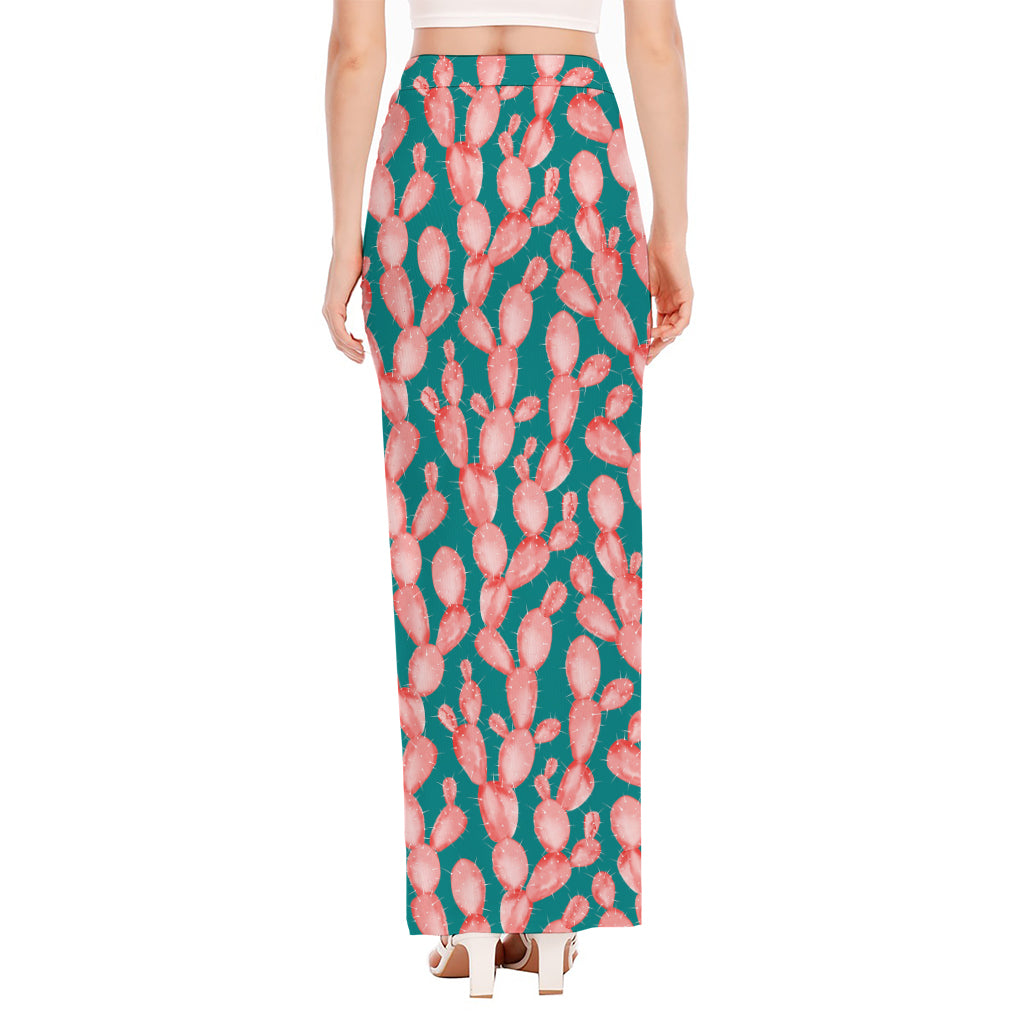 Pink Cactus Pattern Print High Slit Maxi Skirt