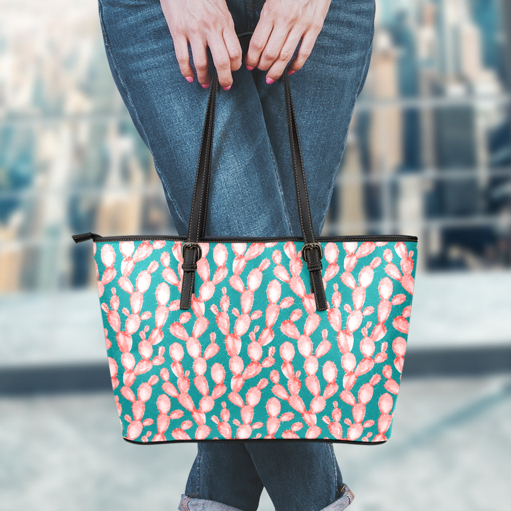 Pink Cactus Pattern Print Leather Tote Bag