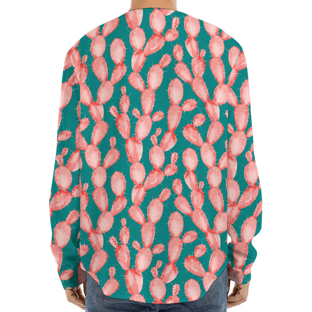Pink Cactus Pattern Print Long Sleeve Baseball Jersey
