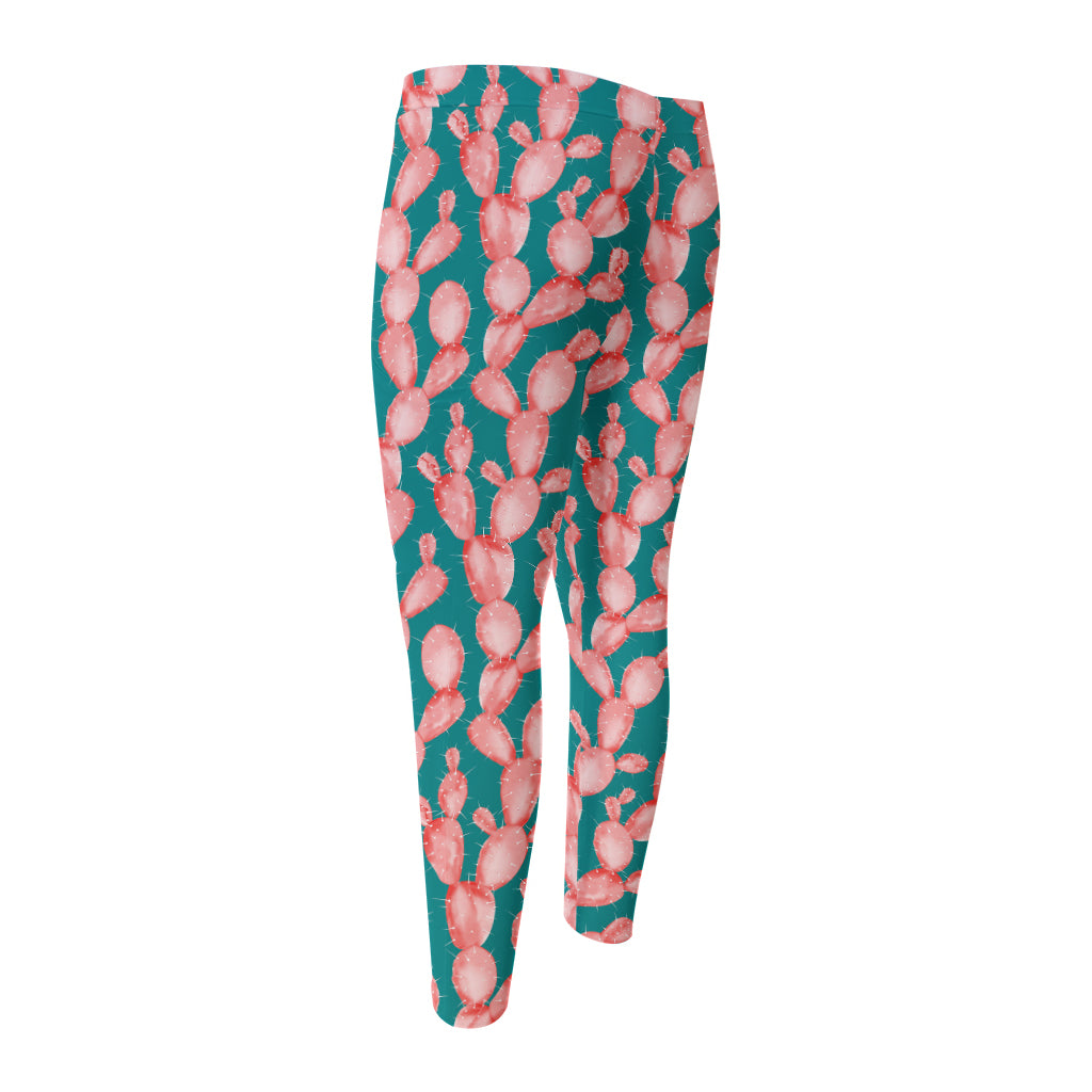 Pink Cactus Pattern Print Men's Compression Pants