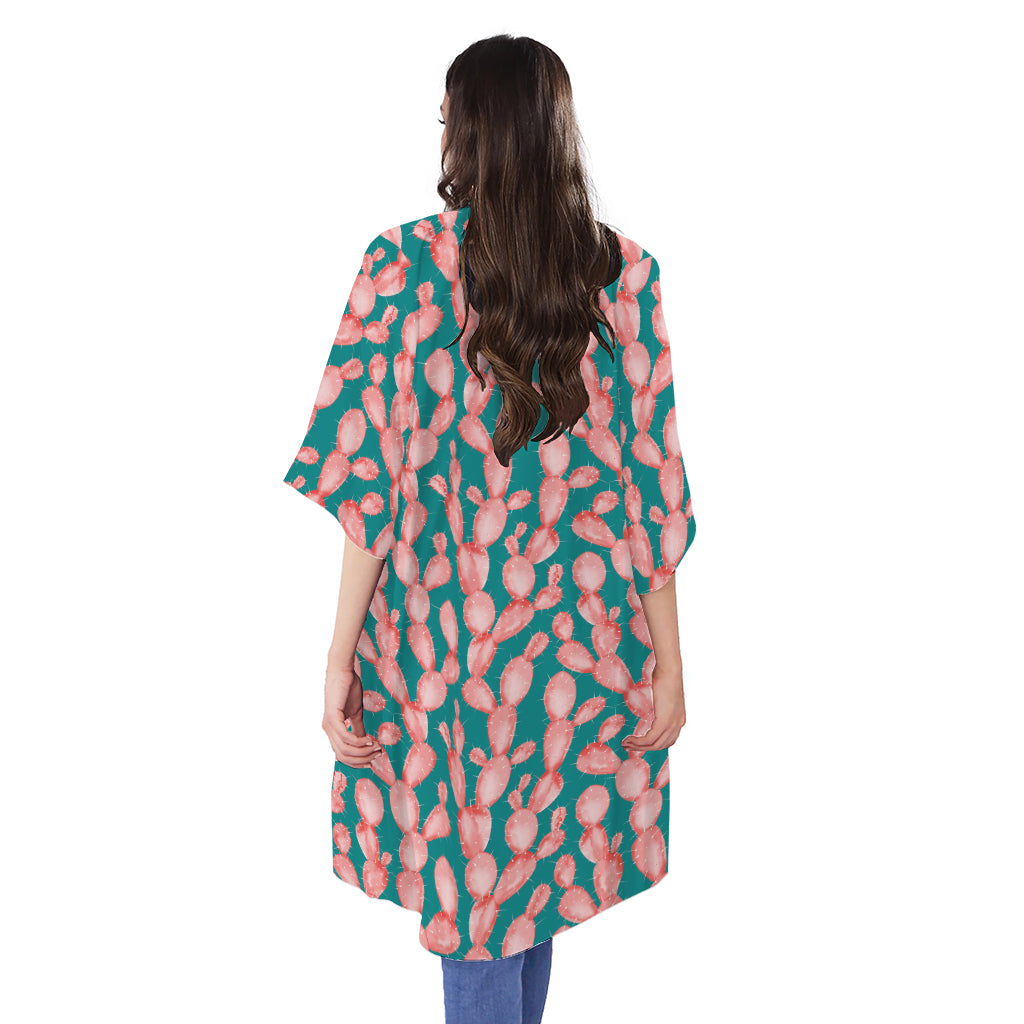 Pink Cactus Pattern Print Open Front Beach Cover Up